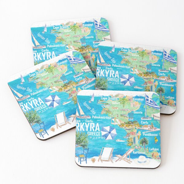 Item preview, Corfu Kerkyra Illustrated Greece Island Travel Map in Ionian Sea with Roads and Tourist Highlights designed and sold by artshop77.