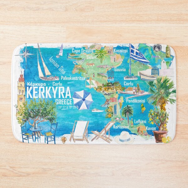 Item preview, Corfu Kerkyra Illustrated Greece Island Travel Map in Ionian Sea with Roads and Tourist Highlights designed and sold by artshop77.