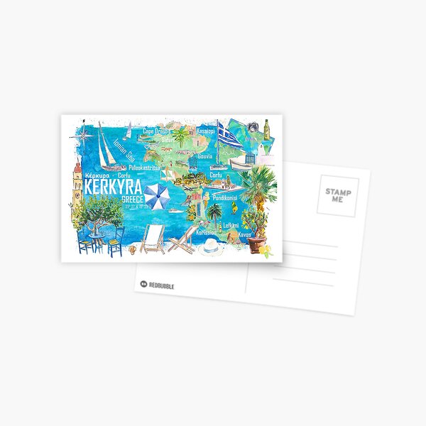 Item preview, Corfu Kerkyra Illustrated Greece Island Travel Map in Ionian Sea with Roads and Tourist Highlights designed and sold by artshop77.