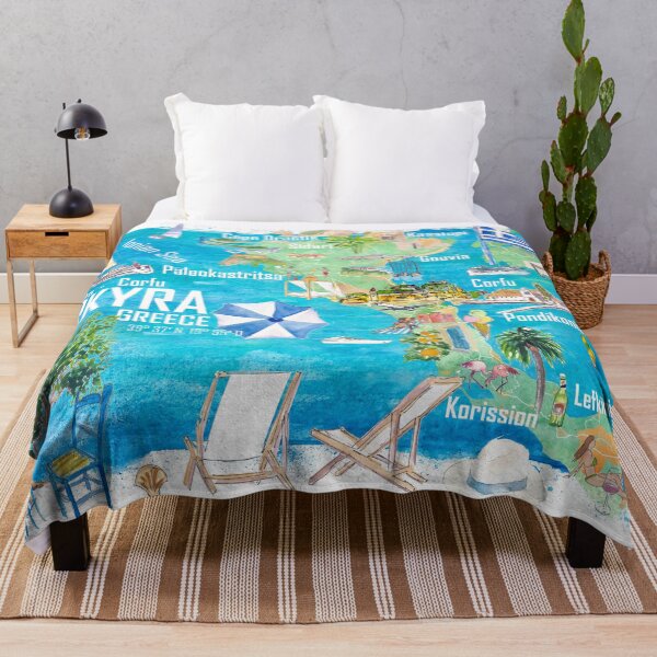Item preview, Corfu Kerkyra Illustrated Greece Island Travel Map in Ionian Sea with Roads and Tourist Highlights designed and sold by artshop77.