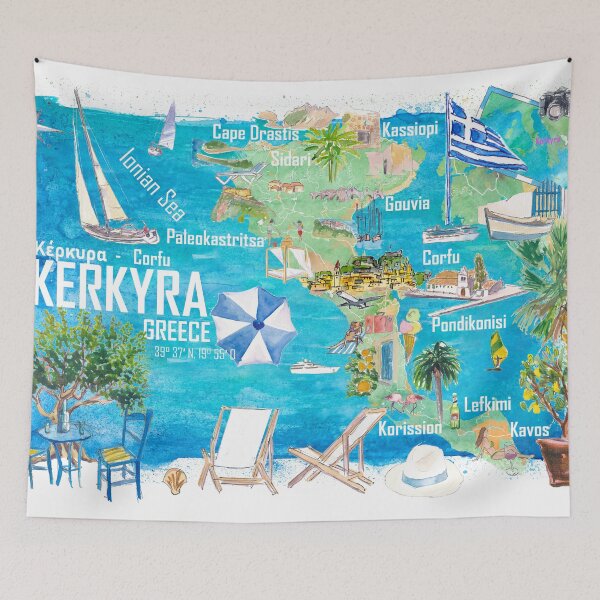 Item preview, Corfu Kerkyra Illustrated Greece Island Travel Map in Ionian Sea with Roads and Tourist Highlights designed and sold by artshop77.