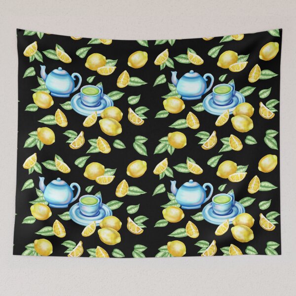 Item preview, Decorative pattern with lemons, leaves and ceramic tableware – stylish composition for culinary and nature-loving designs designed and sold by katecheerycake.