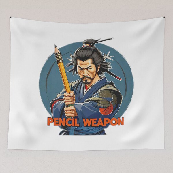 Item preview, Motivational Japanese samurai holding a large pencil as a weapon and with a large phrase "PENCIL WEAPON!". designed and sold by Giulivo Store Graphic.