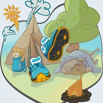 Artwork thumbnail, Comic Style Cozy Camping Scene with Cat, Teddy Bear and Trekking Boots by PaulaP-C
