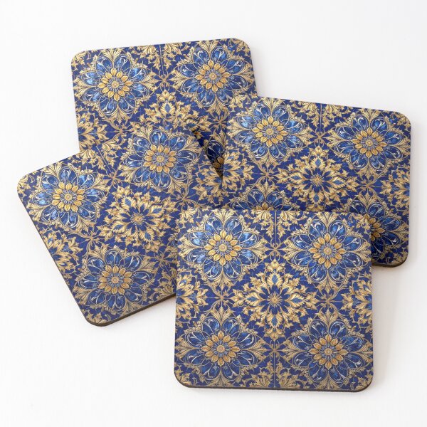 Artikelvorschau, Verziertes blau-goldenes Blumenmuster mit Kacheln entworfen und verkauft von semenol.