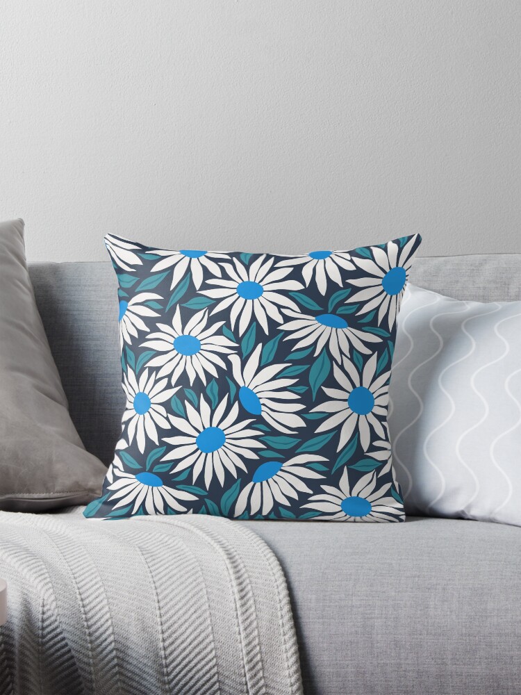 Thumbnail 1 of 4, Pillow, Sunflowers - white and blue on navy by Cecca Designs designed and sold by Cecca-Designs.