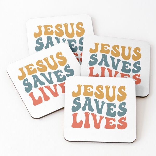 Item preview, Jesus Saves Lives retro style yellow blue red designed and sold by Christian Apparel, Decor and More.
