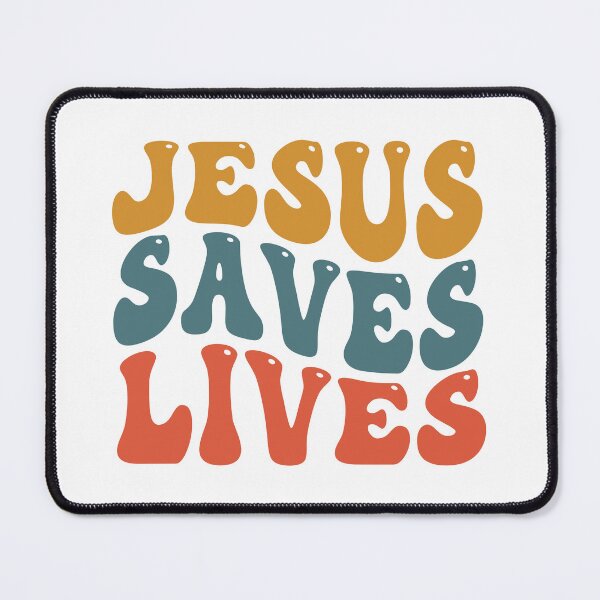 Item preview, Jesus Saves Lives retro style yellow blue red designed and sold by Christian Apparel, Decor and More.