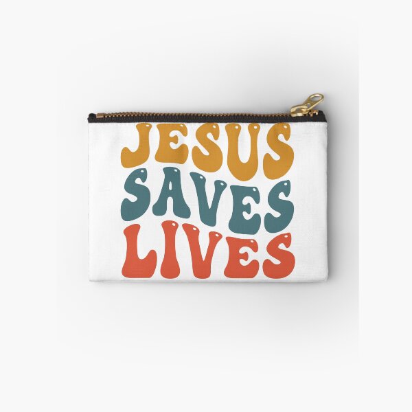 Item preview, Jesus Saves Lives retro style yellow blue red designed and sold by Christian Apparel, Decor and More.