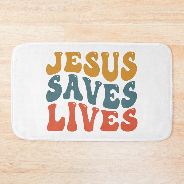 Item preview, Jesus Saves Lives retro style yellow blue red designed and sold by Christian Apparel, Decor and More.