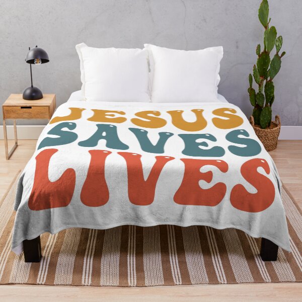 Item preview, Jesus Saves Lives retro style yellow blue red designed and sold by Christian Apparel, Decor and More.