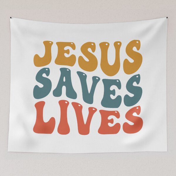 Item preview, Jesus Saves Lives retro style yellow blue red designed and sold by Christian Apparel, Decor and More.