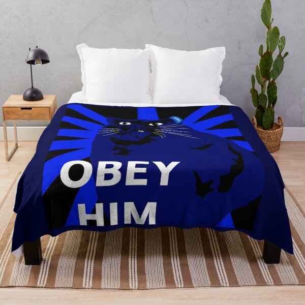 Item preview, OBEY HIM – Commanding Blue Cat Meme Poster Design designed and sold by Studio Reverie.