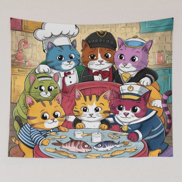 Item preview, Cats Having Fish and Milk for Dinner | Whimsical Feline Illustration | Cute Mealtime Cat Art | Cozy Pet-Themed Graphic Design | Vintage Kitchen Wall Print designed and sold by PaintedPixels01.