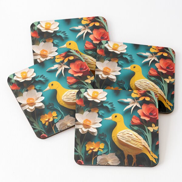 Item preview, Papercut Yellow Bird in Floral Garden | Handcrafted Nature Art | Delicate Paper Art Style | Vibrant Garden Scene Illustration | Elegant Bird and Flowers Poster designed and sold by PaintedPixels01.