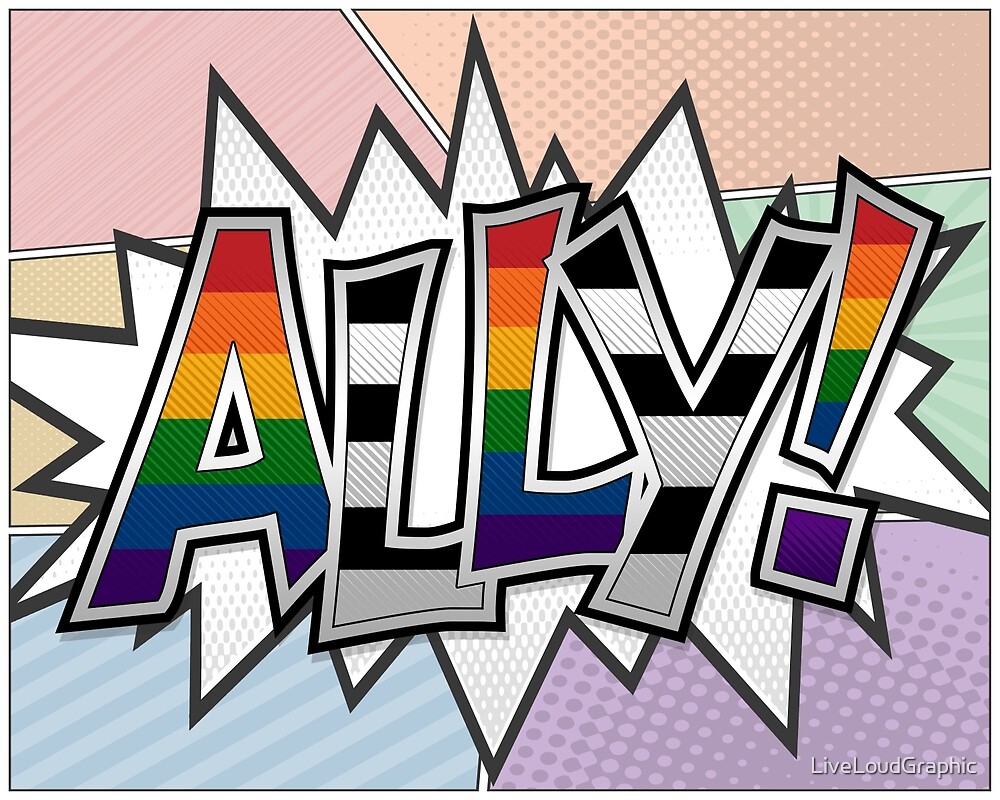 «Tipografía de medio tono Ally Pride con fondo de bandera» de LiveLoudGraphic