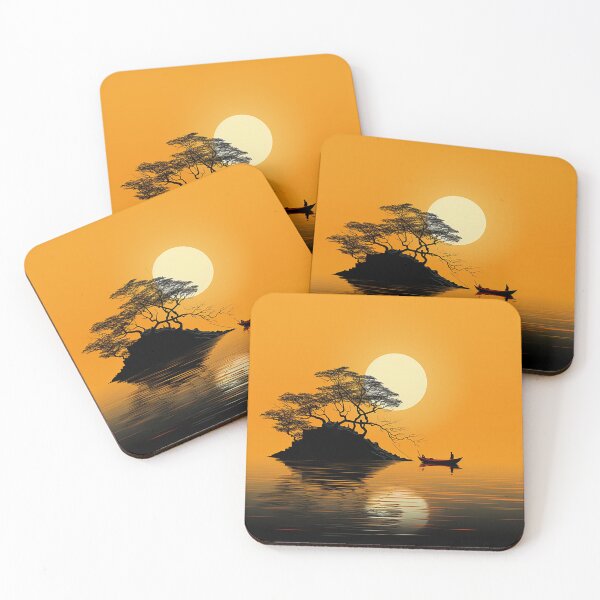 Item preview, Tranquil Waters: Moonlit Lake & Solitary Tree in Orange Hues designed and sold by PaintbrushPlace.