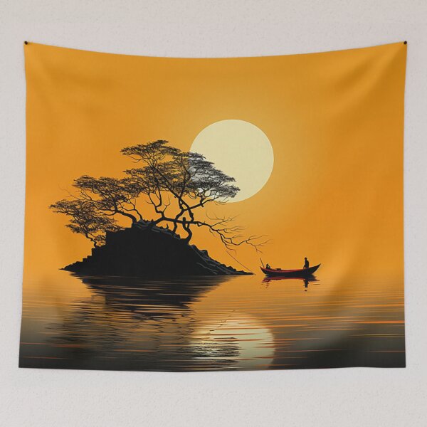 Item preview, Tranquil Waters: Moonlit Lake & Solitary Tree in Orange Hues designed and sold by PaintbrushPlace.