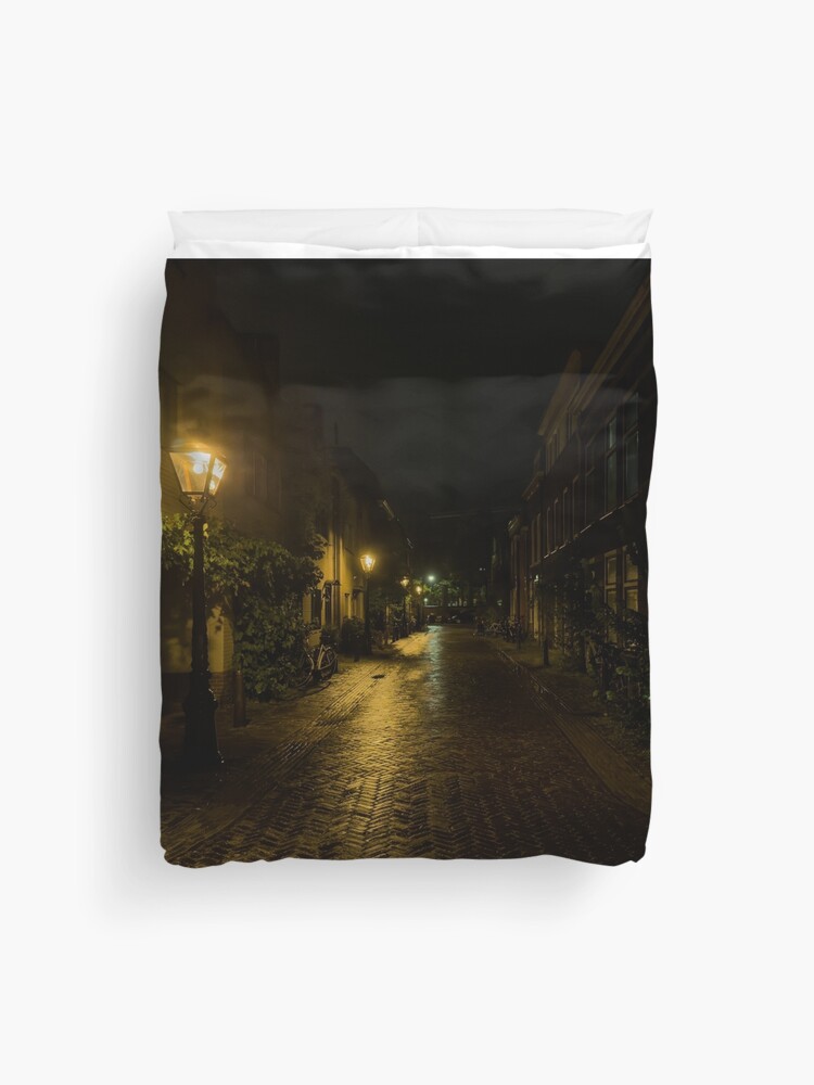 Thumbnail 1 of 2, Duvet Cover, Rain-Wet Cobblestone Alley, Leiden designed and sold by expat-camera.