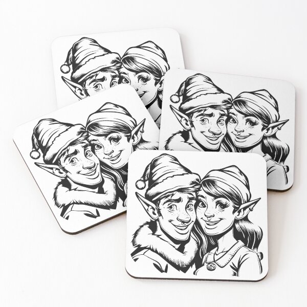 Item preview, Christmas Elf Couple – Festive Holiday Ink Drawing designed and sold by inkoutninja.