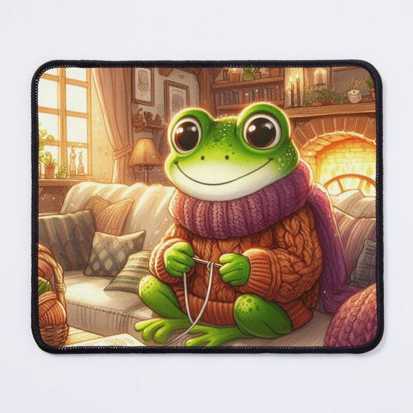 Item preview, Cozy Knitting Frog by the Fireplace – Warm Cottagecore Vibes designed and sold by Zezeshop1.