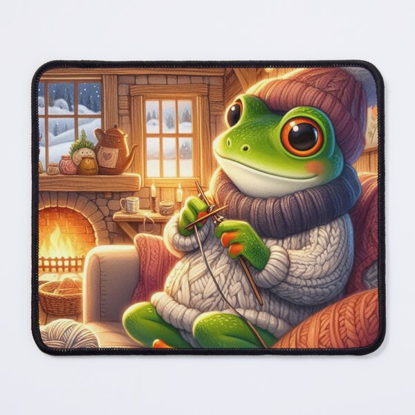 Item preview, Knitting Frog by the Fireplace – Cozy Cottagecore Vibes & Wholesome Winter Moo designed and sold by Zezeshop1.