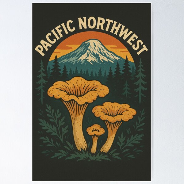 Item preview, Chantrelle Mushrooms Pacific Northwest Hiking Retro Poster PNW Vintage designed and sold by Wild Blood Designs.