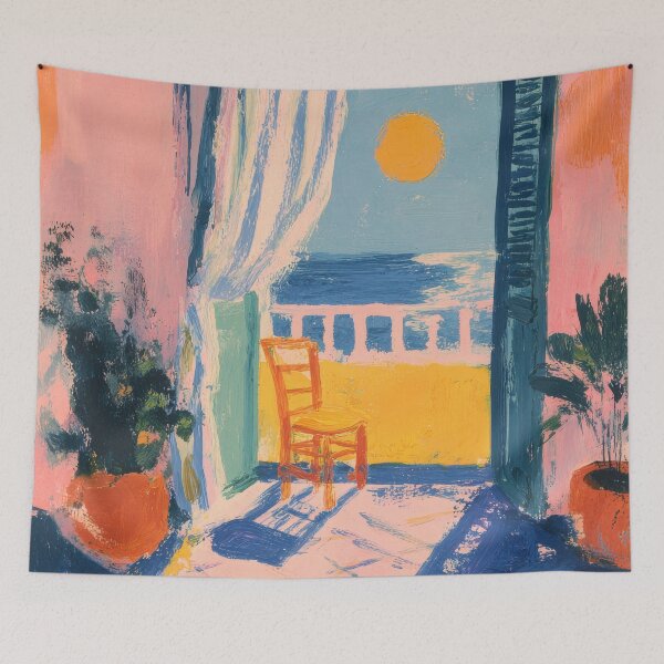 Item preview, Open balcony door with sea view – gouache style designed and sold by ArtHouseNiklas.