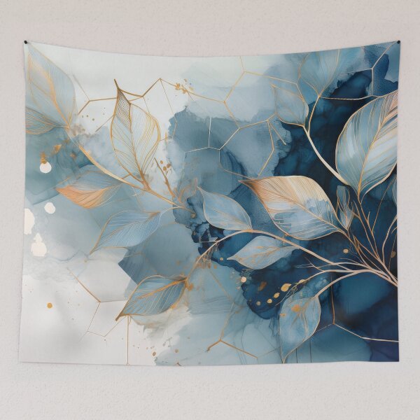 Item preview, Navy blue leafy watercolor botanical painting with gold accents, delicate pastel colors, minimalist abstract watercolor, modern watercolor  designed and sold by navitalidesign.
