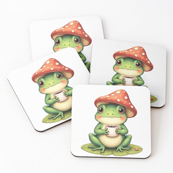 Item preview, Funny Frog with Mushroom Hat Drinking Coffee – Cute Forest Animal designed and sold by PnrArtDesign.