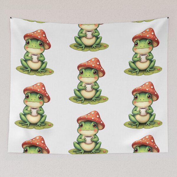 Item preview, Funny Frog with Mushroom Hat Drinking Coffee – Cute Forest Animal designed and sold by PnrArtDesign.