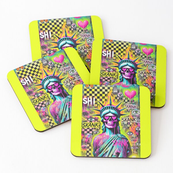 Item preview, Neon Graffiti Pop Art Statue of Liberty with Skull Face, Urban Street Art Aesthetic Featuring Flames, Butterflies, Pink Heart, and Provocative Tags in Psychedelic Colors designed and sold by Negative Vibes Only.