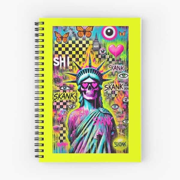 Item preview, Neon Graffiti Pop Art Statue of Liberty with Skull Face, Urban Street Art Aesthetic Featuring Flames, Butterflies, Pink Heart, and Provocative Tags in Psychedelic Colors designed and sold by Negative Vibes Only.