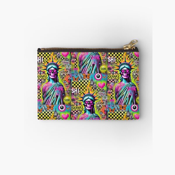 Item preview, Neon Graffiti Pop Art Statue of Liberty with Skull Face, Urban Street Art Aesthetic Featuring Flames, Butterflies, Pink Heart, and Provocative Tags in Psychedelic Colors designed and sold by Negative Vibes Only.