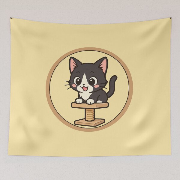 Item preview, Tuxedo Kitten Curious On Cat Tower designed and sold by Yuliya Brush.