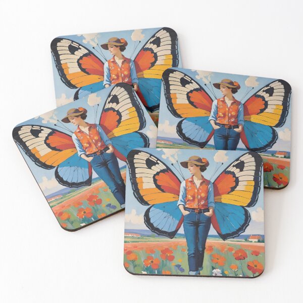 Item preview, Contemplative Woman In Jeans With Butterfly Wings Standing In A Field Of Wildflowers designed and sold by CarrollGene.