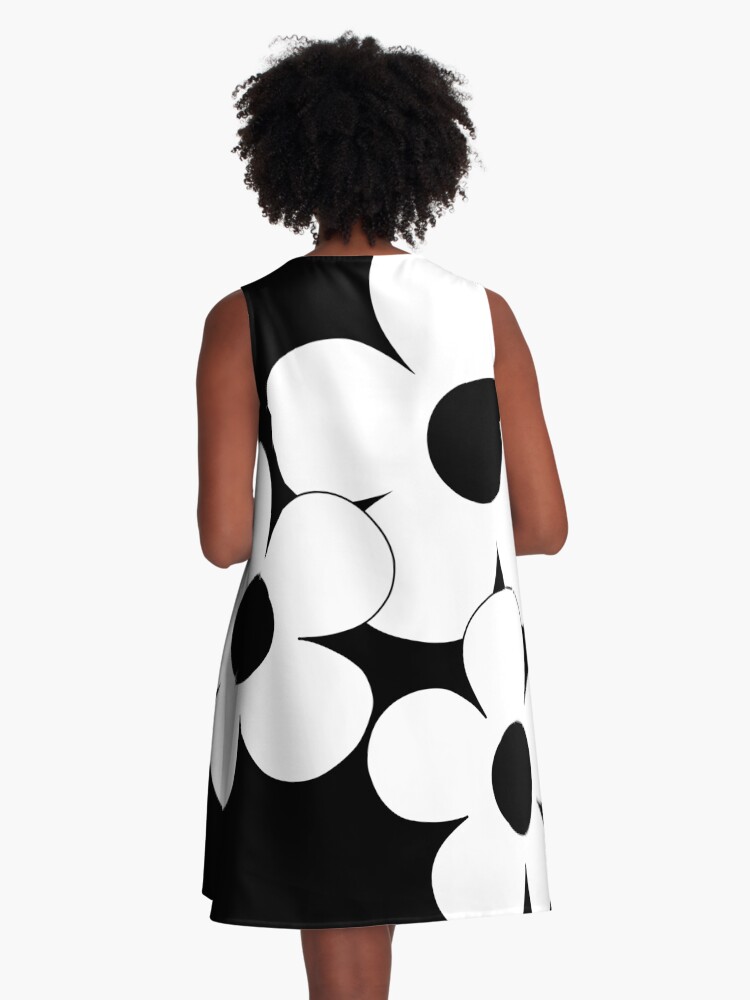 Thumbnail 3 of 4, A-Line Dress, 60's Flower Power Pop Flowers White Flowers on Black designed and sold by MellowCat.