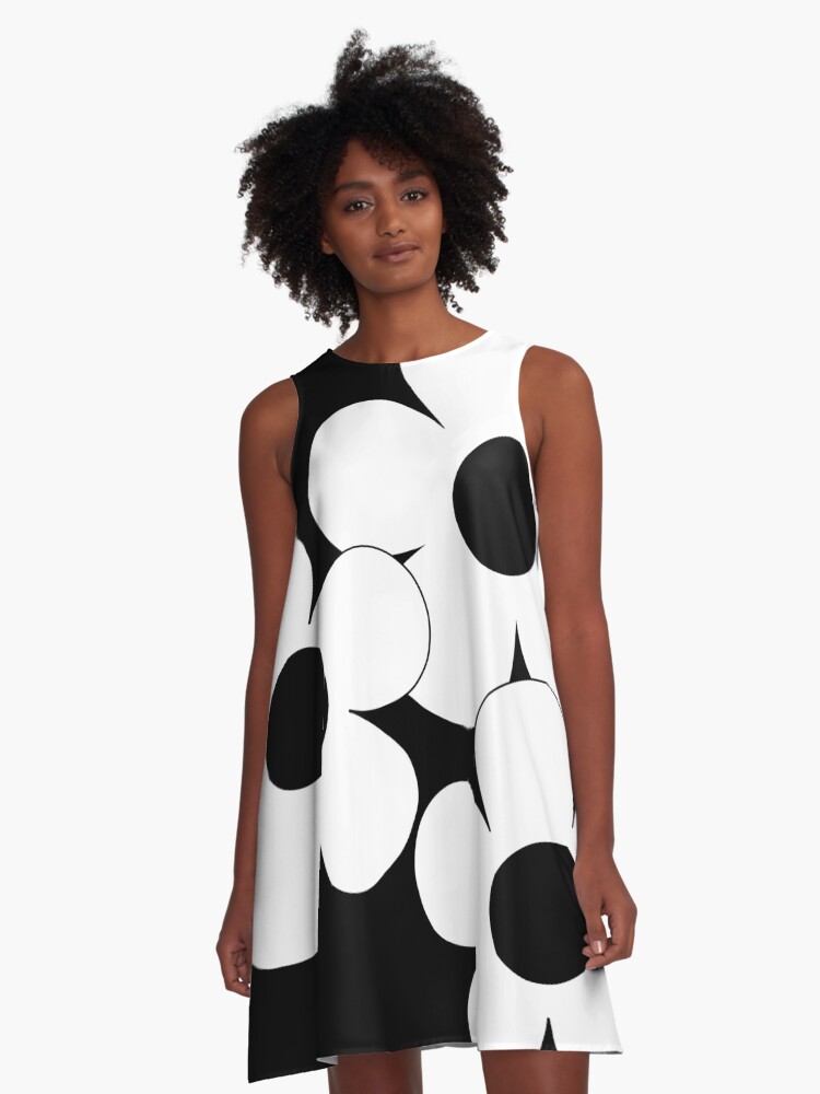 Thumbnail 1 of 4, A-Line Dress, 60's Flower Power Pop Flowers White Flowers on Black designed and sold by MellowCat.