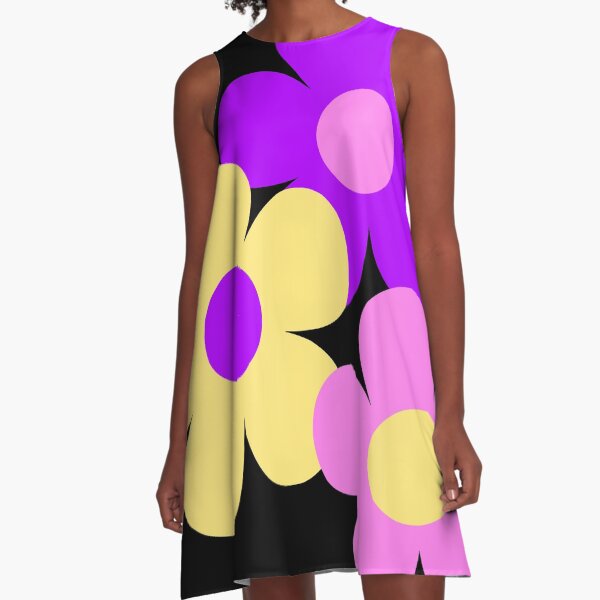 Item preview, 60's Flower Power Pop Flowers in Pink, Purple and Yellow on Black designed and sold by MellowCat.