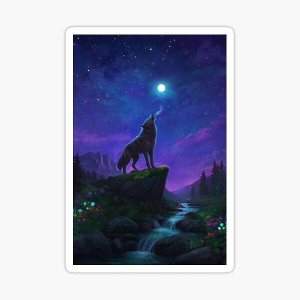 Howling Wolf Under Starry Night Sky – Fantasy Nature Art Sticker
