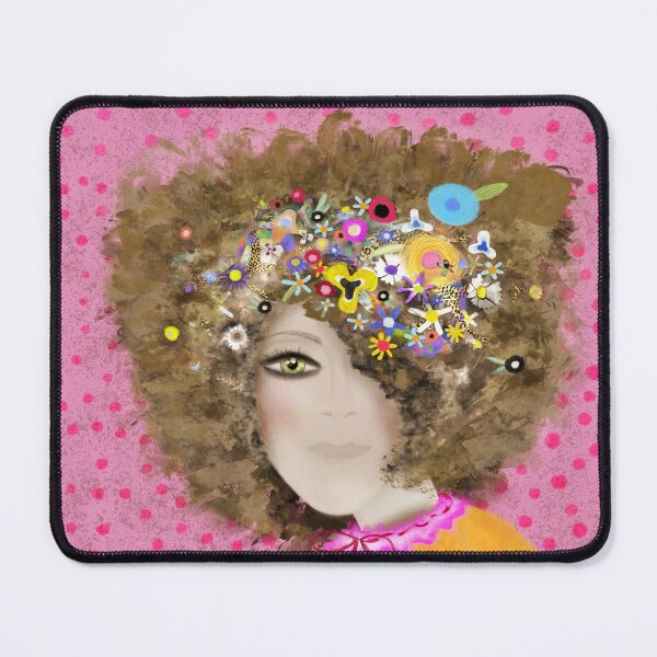 Item preview, Afro hair flora abstract art Curly Hair, Soft Flowers, Green Eyes, Sweet Magic, pink polka dots designed and sold by rupydetequila.