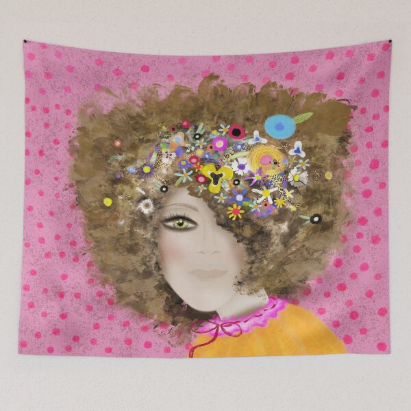 Item preview, Afro hair flora abstract art Curly Hair, Soft Flowers, Green Eyes, Sweet Magic, pink polka dots designed and sold by rupydetequila.