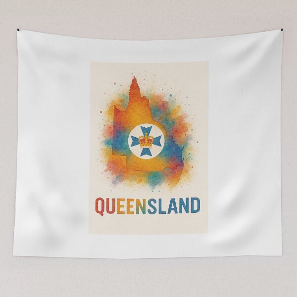 Item preview, Queensland Watercolor Map with Crown Emblem and Bold Typography designed and sold by ArtistrySky.