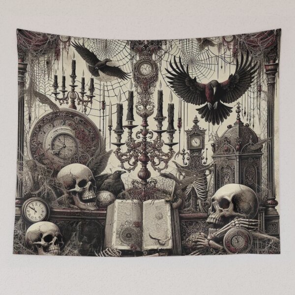 Item preview, Gothic Halloween Altar Scene | Skulls, Ravens, Spellbook & Antique Clockwork Design designed and sold by AnalajiaDesigns.