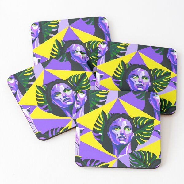 Aperçu de l'œuvre Visages tropicaux Géométrie Motifs éclectiques Expression artistique créée et vendue par ART ATTACK ZONE.