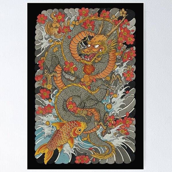 Item preview, Dark Dragon and Golden Koi in Sakura Storm designed and sold by ShizukaInk.