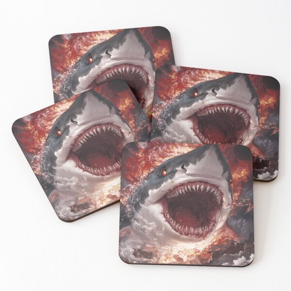 Item preview, Giant Animal Infernal Shark Devouring City While Lone Warrior Faces Fiery Chaos designed and sold by earlobejerk.