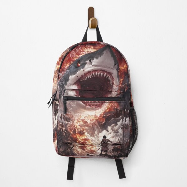 Item preview, Giant Animal Infernal Shark Devouring City While Lone Warrior Faces Fiery Chaos designed and sold by earlobejerk.