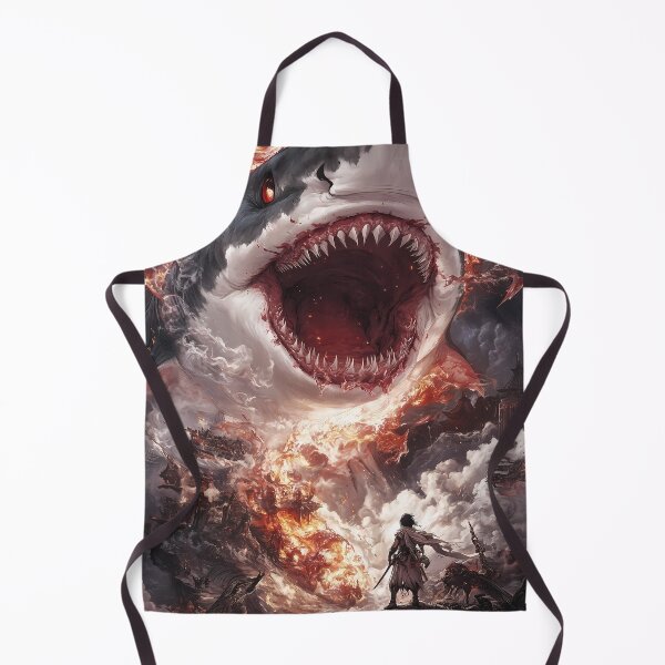 Item preview, Giant Animal Infernal Shark Devouring City While Lone Warrior Faces Fiery Chaos designed and sold by earlobejerk.