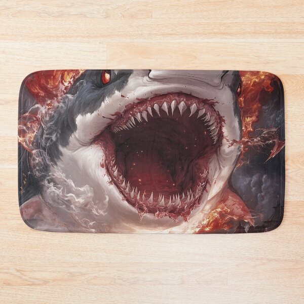 Item preview, Giant Animal Infernal Shark Devouring City While Lone Warrior Faces Fiery Chaos designed and sold by earlobejerk.